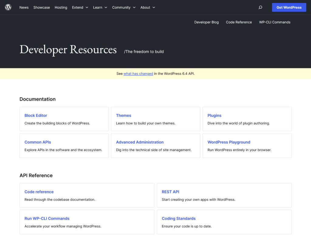 WordPress.org Developer Resources page