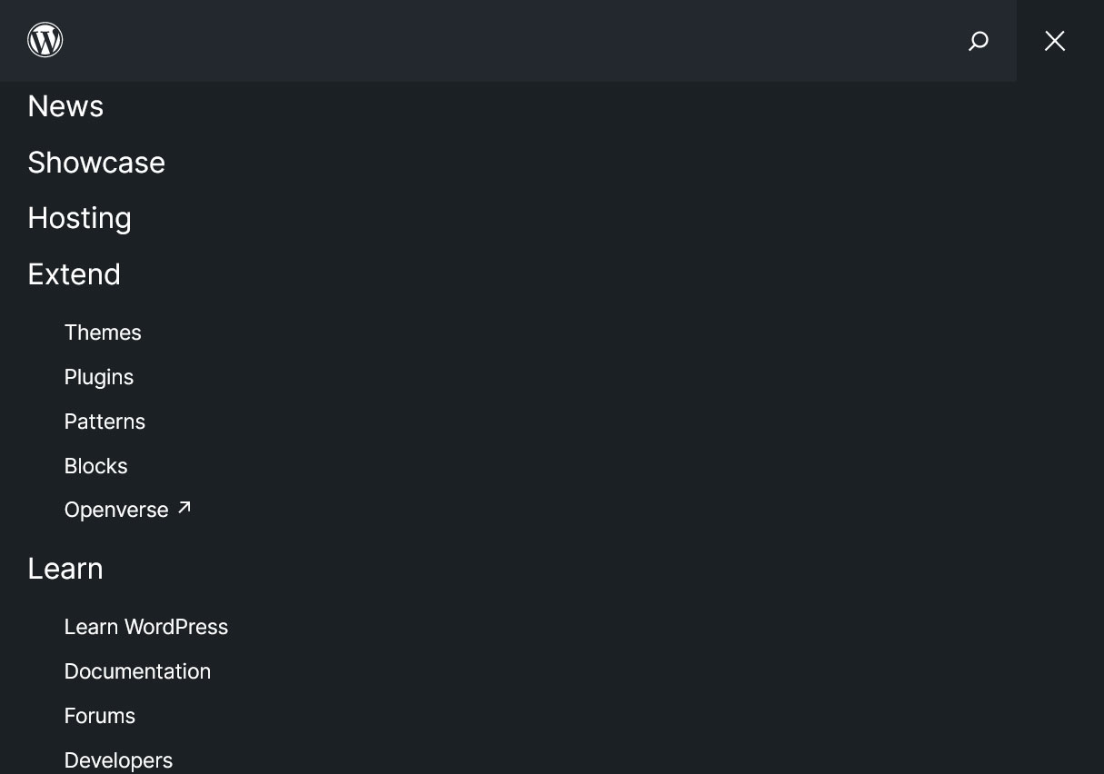 Screenshot of WordPress.org menu showing News, Showcase, Hosting Extend, and Learn pages as well as secondary pages under the Extend and Learn headings