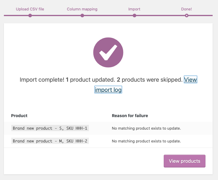 WooCommerce import products complete