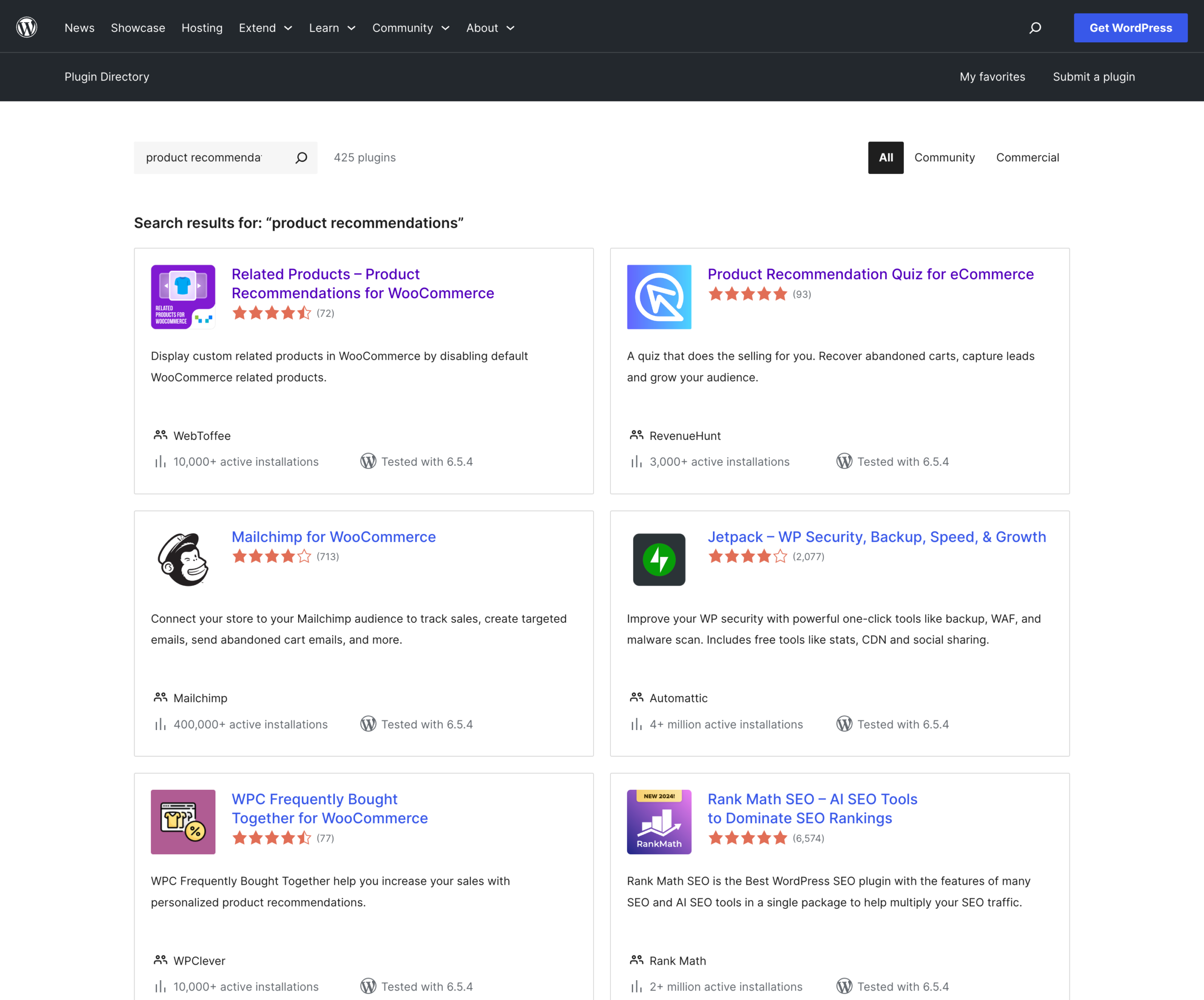 WooCommerce product recommendation plugins in the WordPress plugin repository 