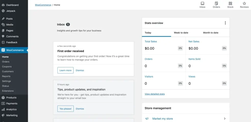 WooCommerce dashboard