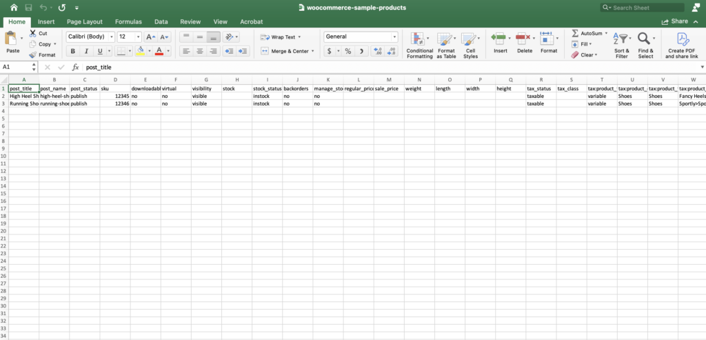 Example of a CSV file in Microsoft Excel