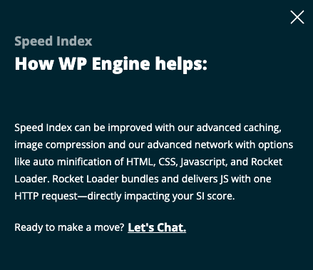 Expanded menu in the WP Engine Website Tester explaining how WP Engine helps improve your site's Speed Index score