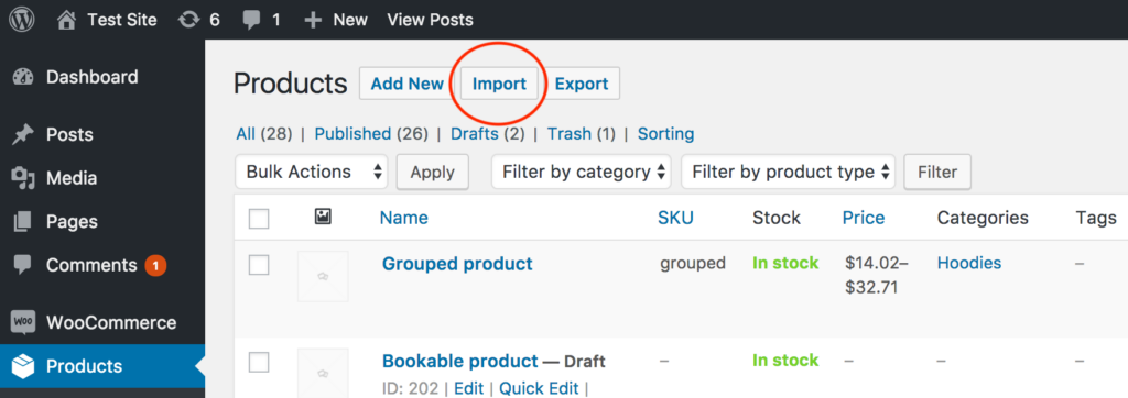 The “Import” button on the “Products” page of the WooCommerce admin dashboard opens the product importer interface.
