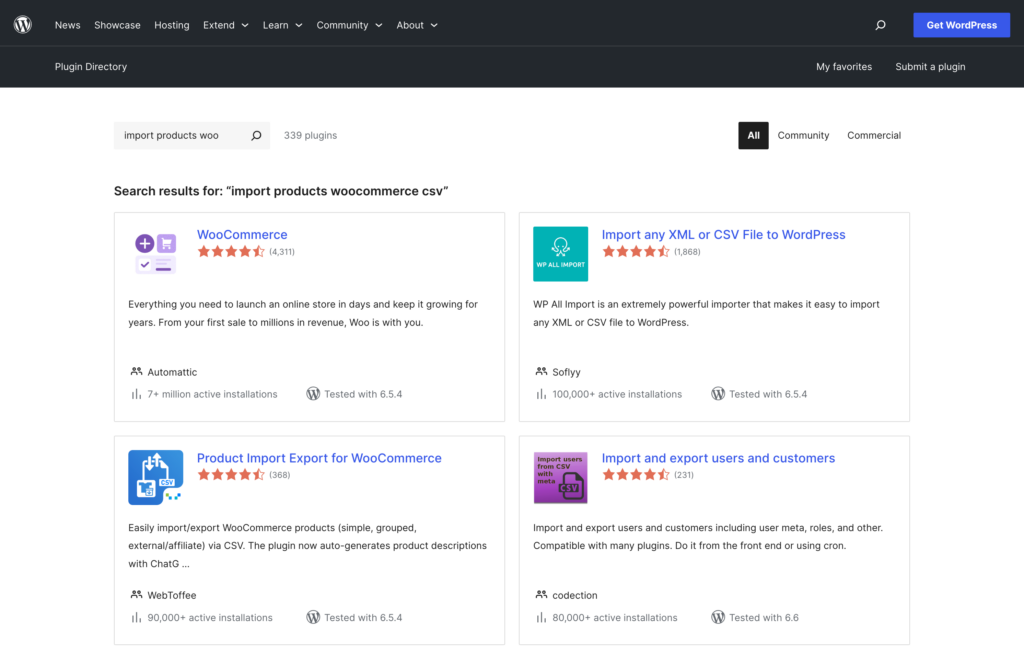WooCommerce product import plugins in the WordPress plugin repository.