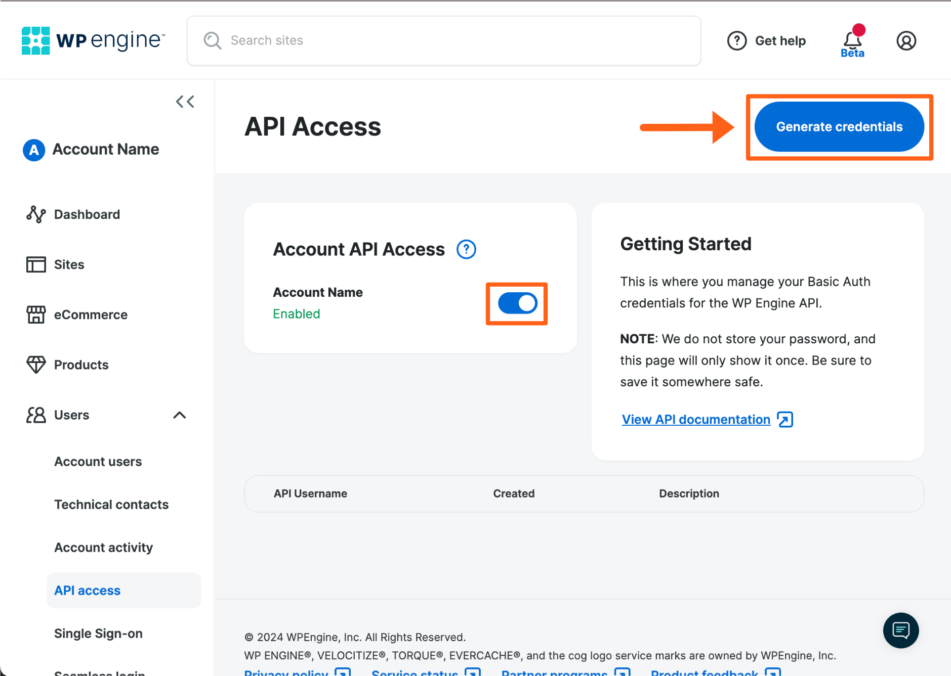 Screenshot of the API Access page in the WP Engine User Portal