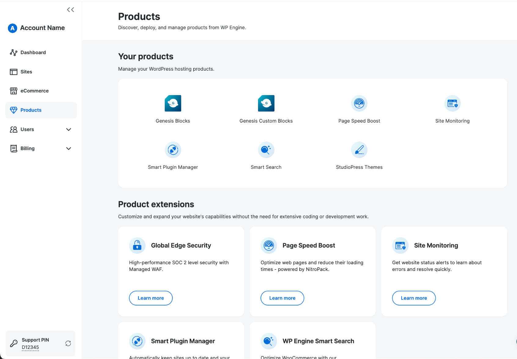 Screenshot of the Products page in the WP Engine User Portal