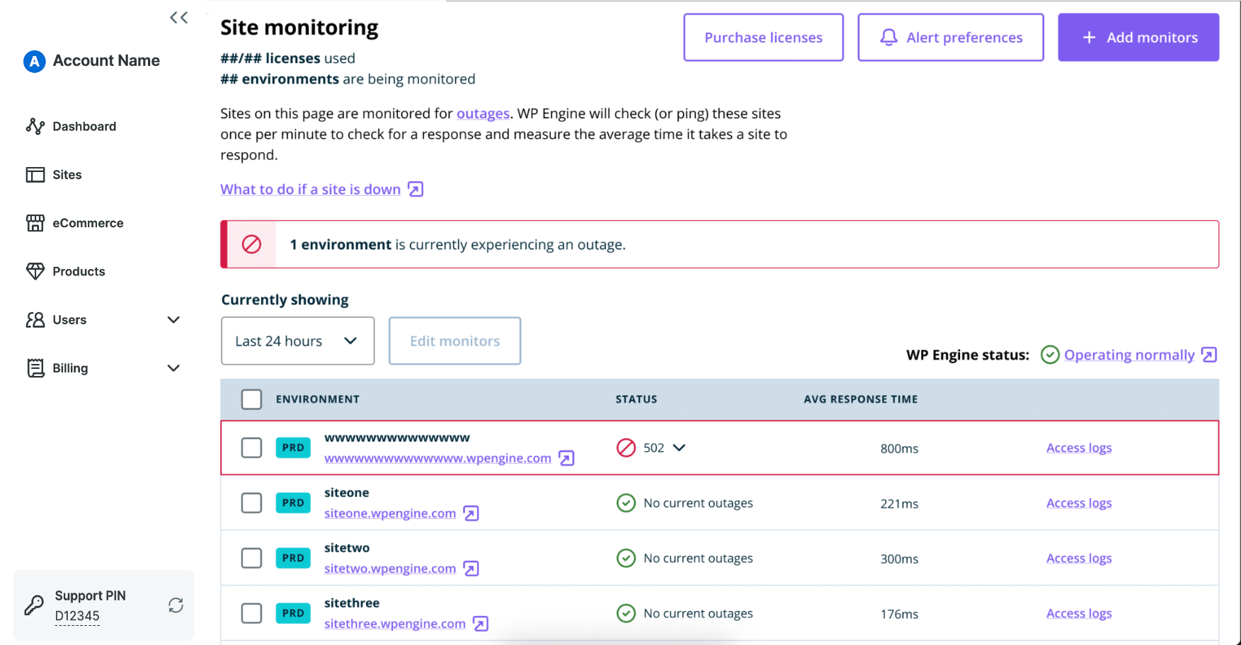 Screenshot of the Site Monitoring page in the WP Engine User Portal showing an alert for a site down