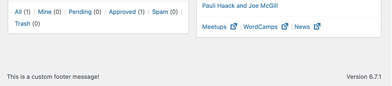 Screenshot of part of the WordPress admin, with "This is a custom footer message!" displayed in the footer. 