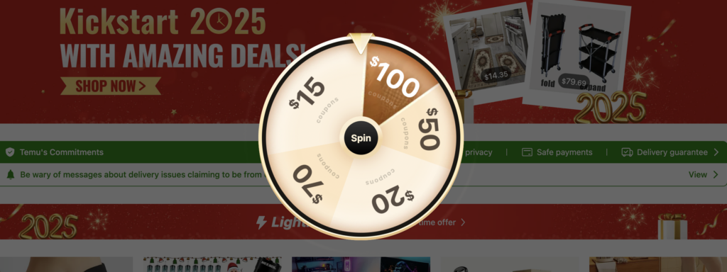 spin-to-win wheel on Temu site