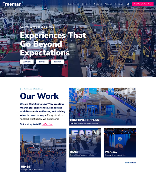 Freeman's website uses a custom WordPress block theme and optimized content workflows, providing the flexibility to create consistent, yet uniquely designed pages.