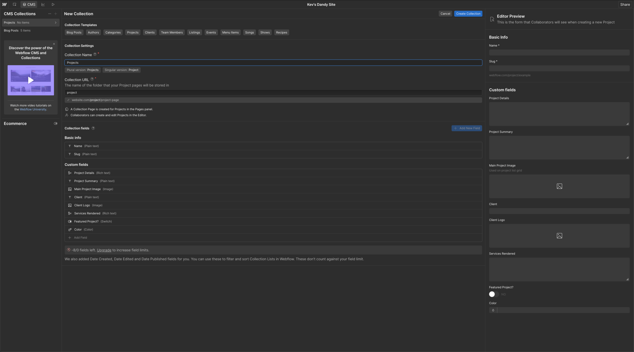 Webflow's Collection editor