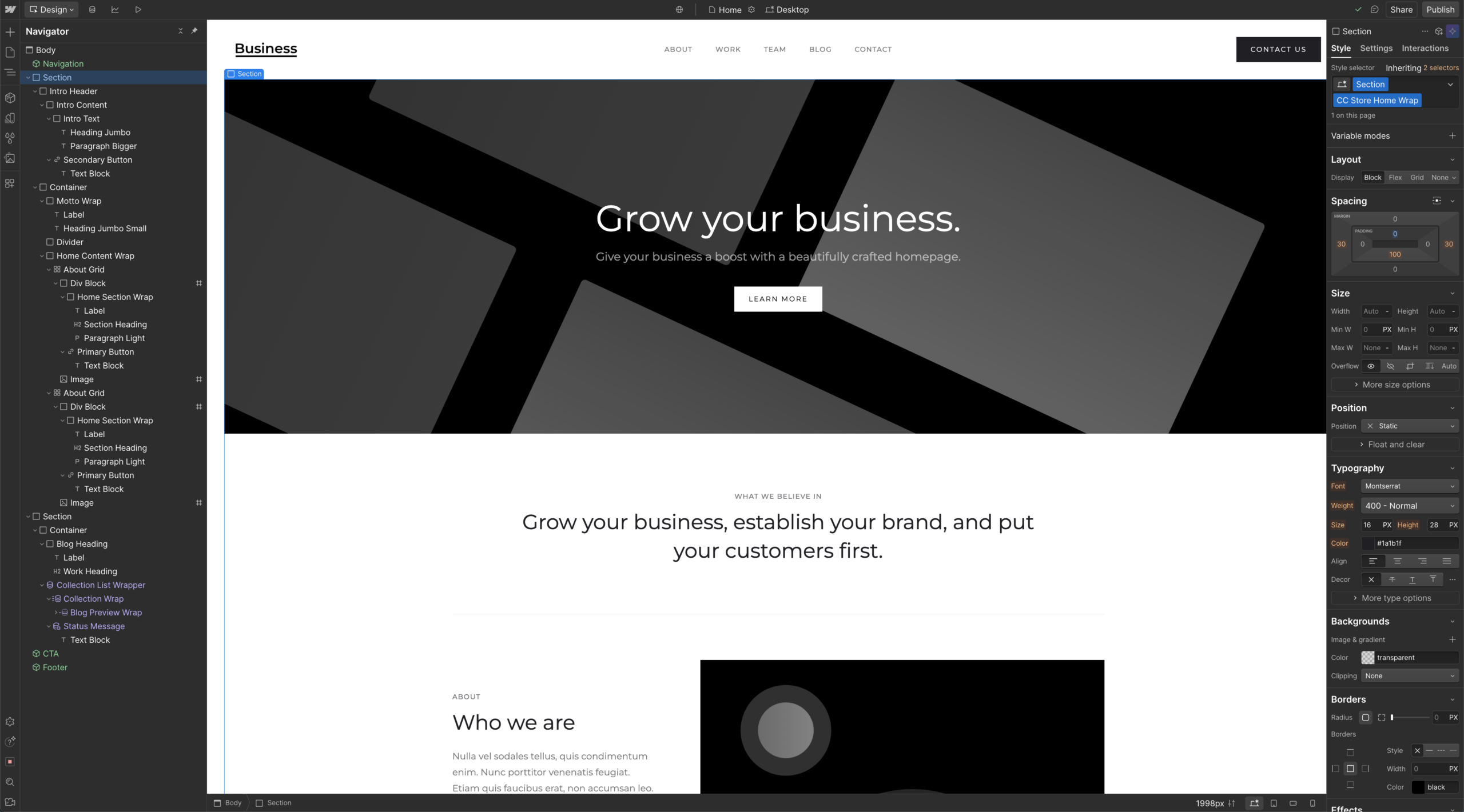 A screenshot of a Webflow sample page in the editor.
