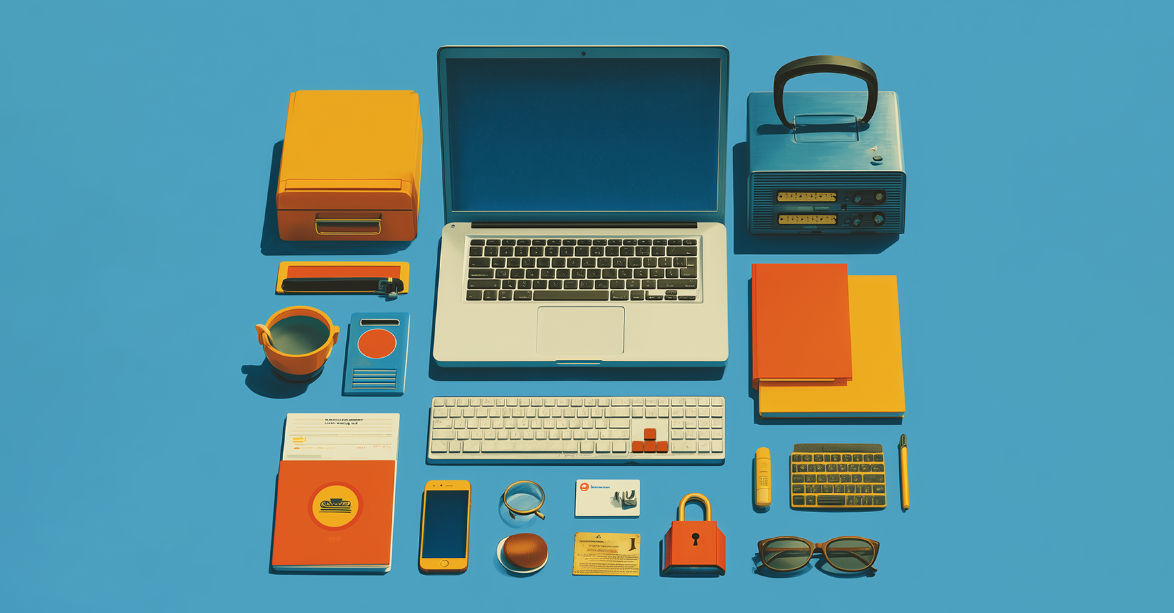 An illustration with a cluttered desk including an open laptop.