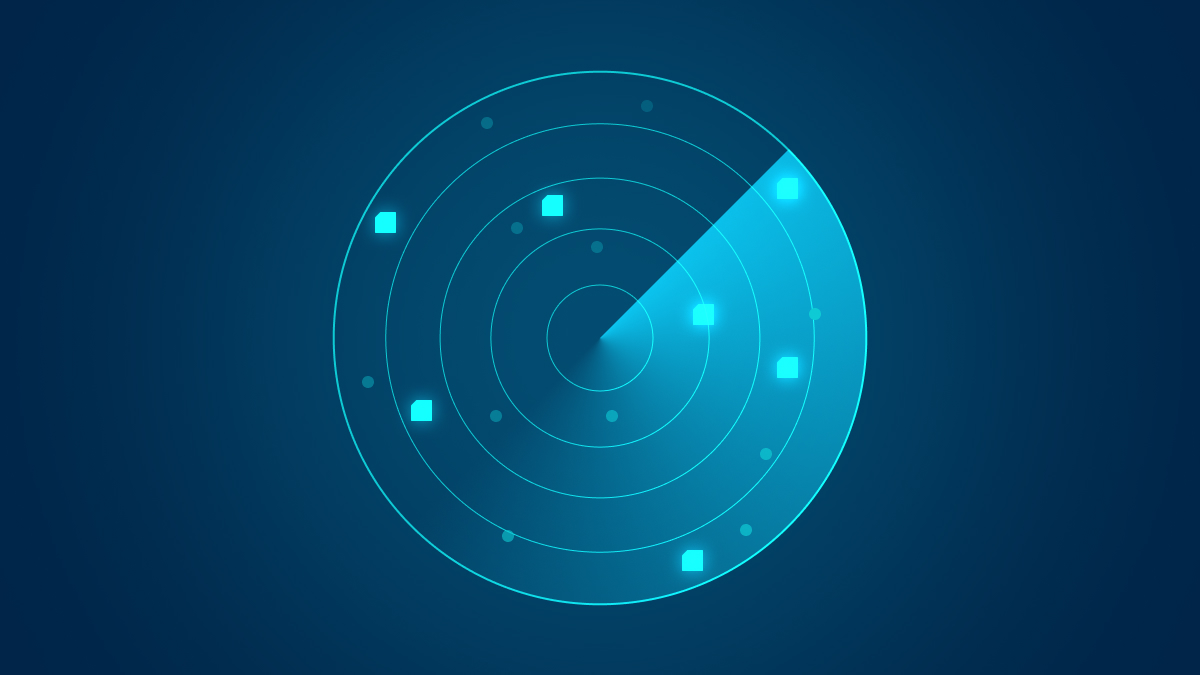 A digital radar screen with a rotating light blue beam, concentric rings, and glowing square icons representing files or targets on a dark blue background.