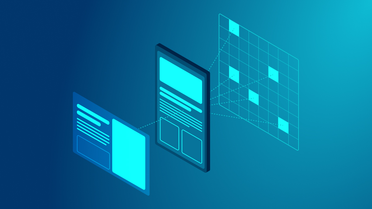 Isometric illustration of a flat screen, a smartphone, and a grid, connected by dotted lines, all glowing blue-green on a blue background.