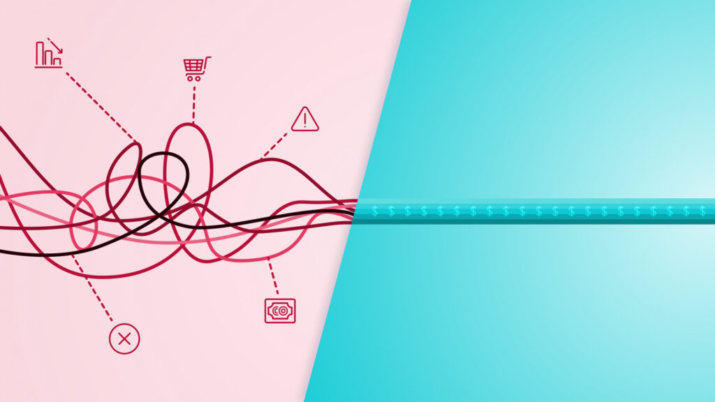 Disparate tools that don't communicate shown as a tangled web of connections with red lines on the left which organize into a single, blue line with dollar signs on the right, showing how a unified eCommerce platform can simplify store operations