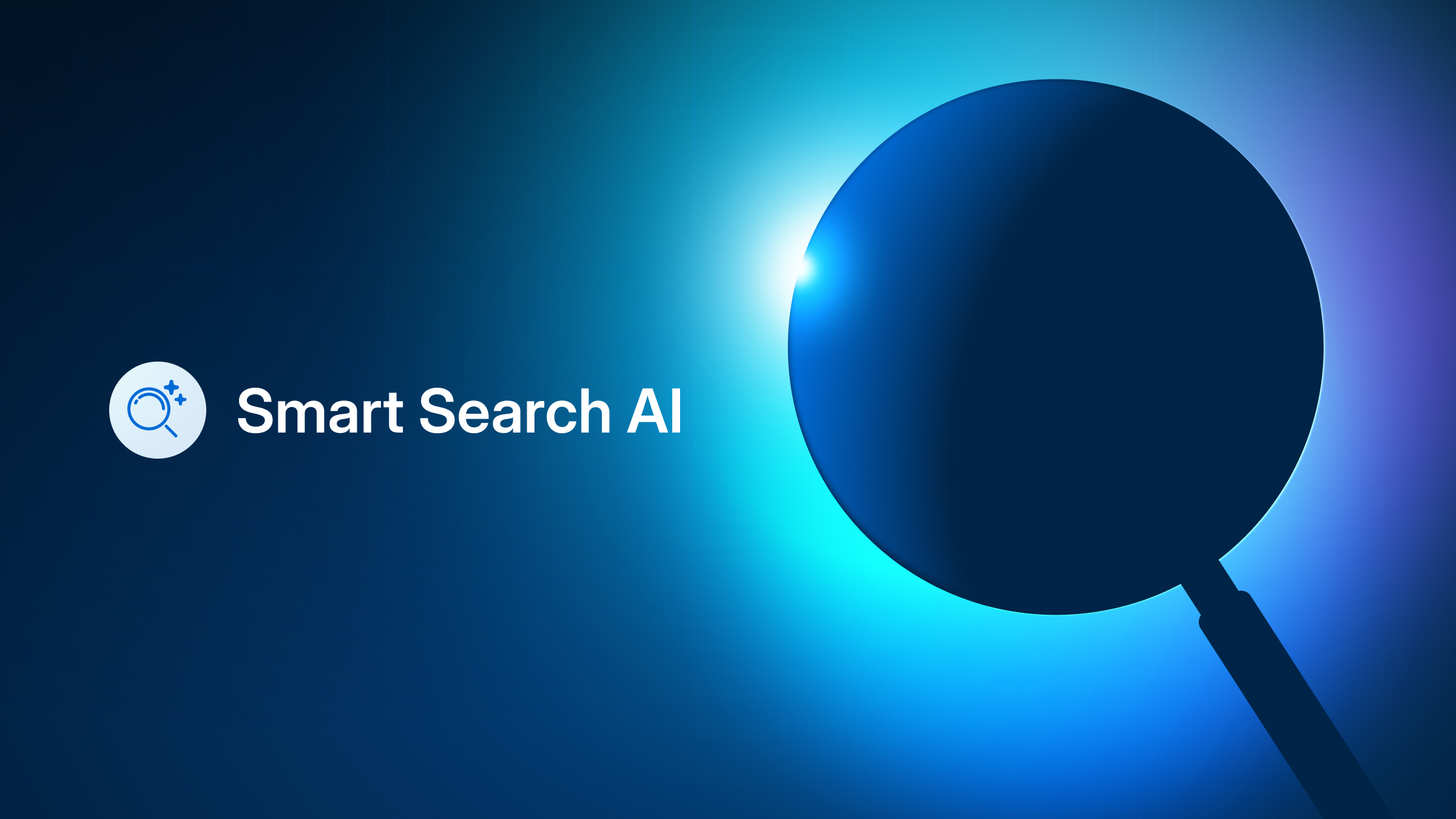 Image of a magnifying glass representing search with gradient behind it with logo of WP Engine Smart Search AI.