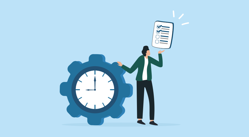 How to Optimize Database Performance. Cartoon illustration of a person holding a checklist next to a cog-shaped clock