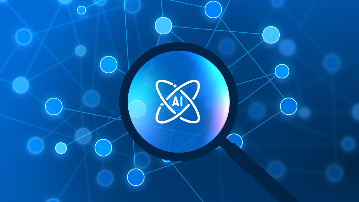 A magnifying glass over a network of interconnected circles and lines, revealing a white AI atom icon inside the lens.