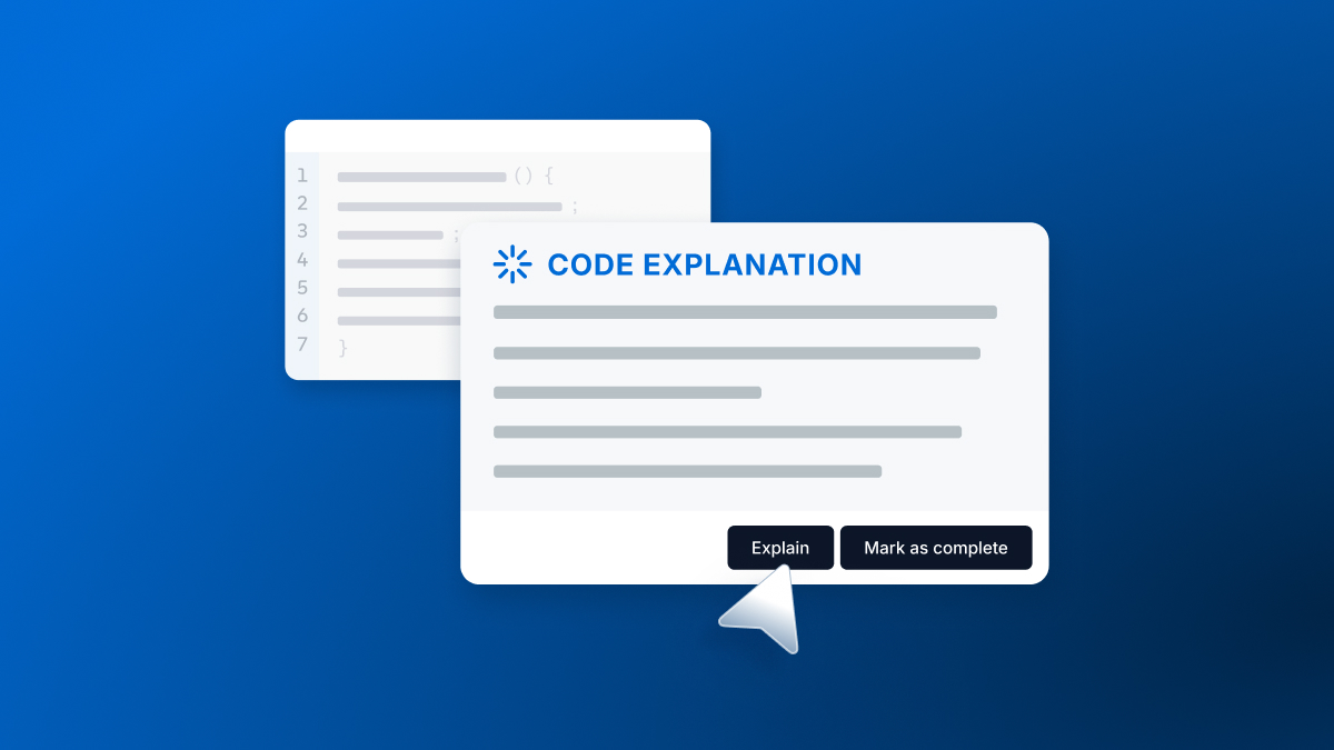 UI showing a code editor and an overlay card titled 'Code Explanation' with simulated text. A cursor points to 'Explain'.